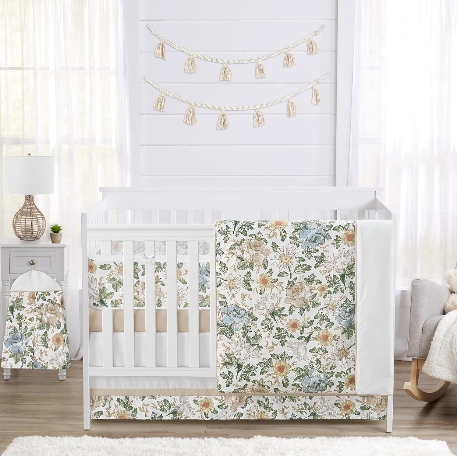 Sweet Jojo Designs 6-Piece Baby Crib Bedding Set (Blue/Yellow Vintage Floral) for Girls, Infants/Nursery incl. BreathableBaby Mesh Liner Blanket, Fitted Sheet, Skirt, Diaper Stacker (Boho Shabby Chic)