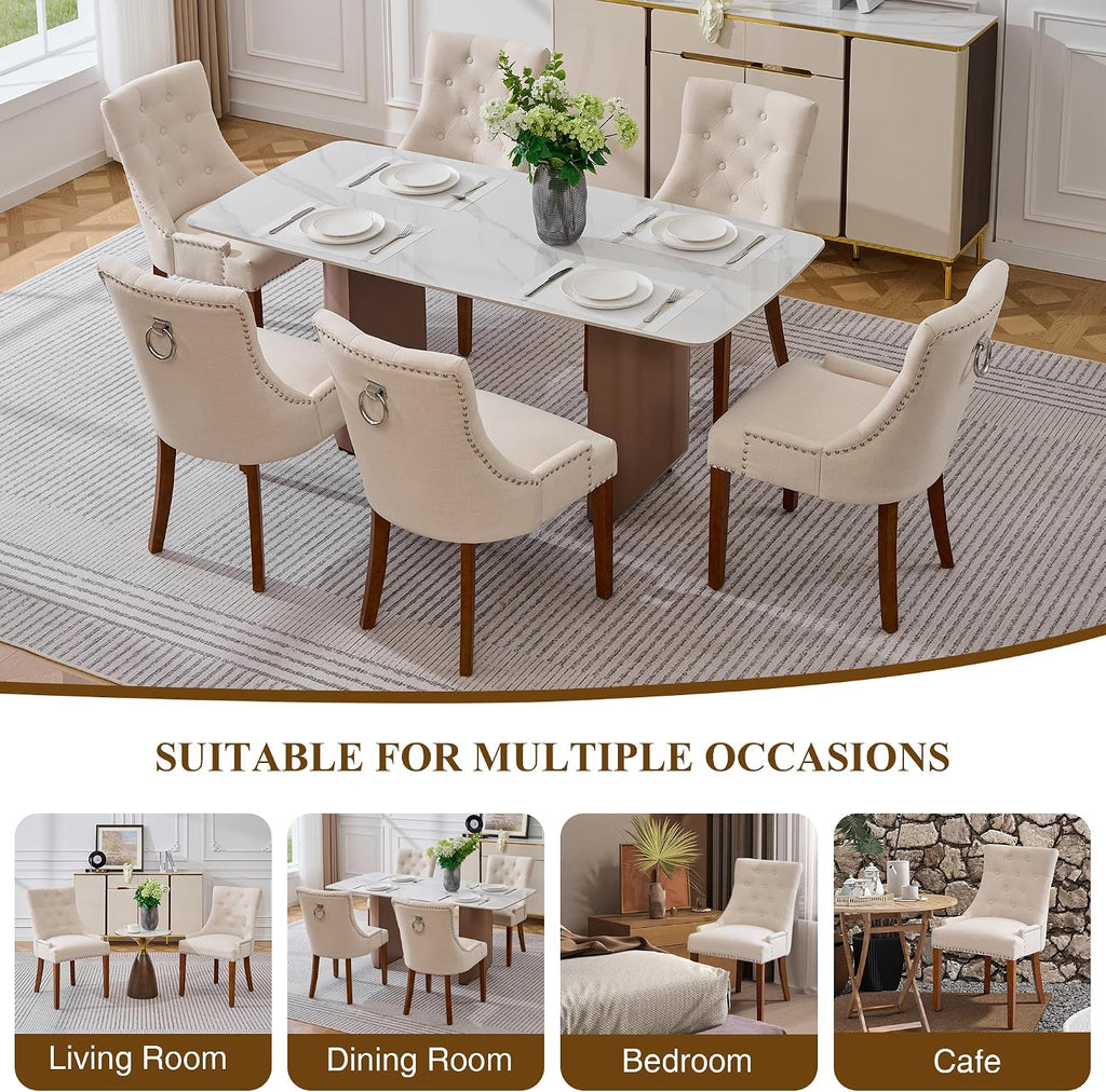 adochr Dining Chairs Set of 4, Upholstered Fabric Dining Room Chairs with Nailhead High Back & Ring Pull & Wooden Legs, Mid-Century Modern Kitchen Chairs for Restaurant, Living Room, Beige