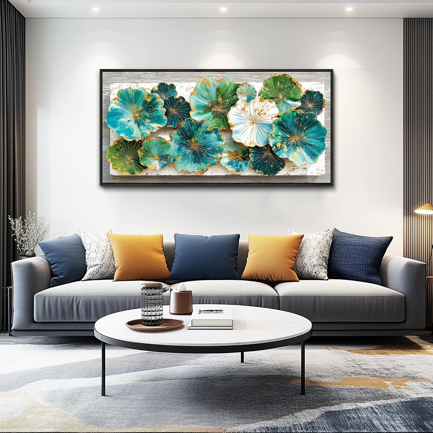 XIGUANGART Lotus leaf Large Wall Art for Living Room Texture Wall Decor Green Floral Abstract Pictures Framed Artwork for Walls Canvas Print Painting for Bedroom Nature Rustic Home Decoration 30x60