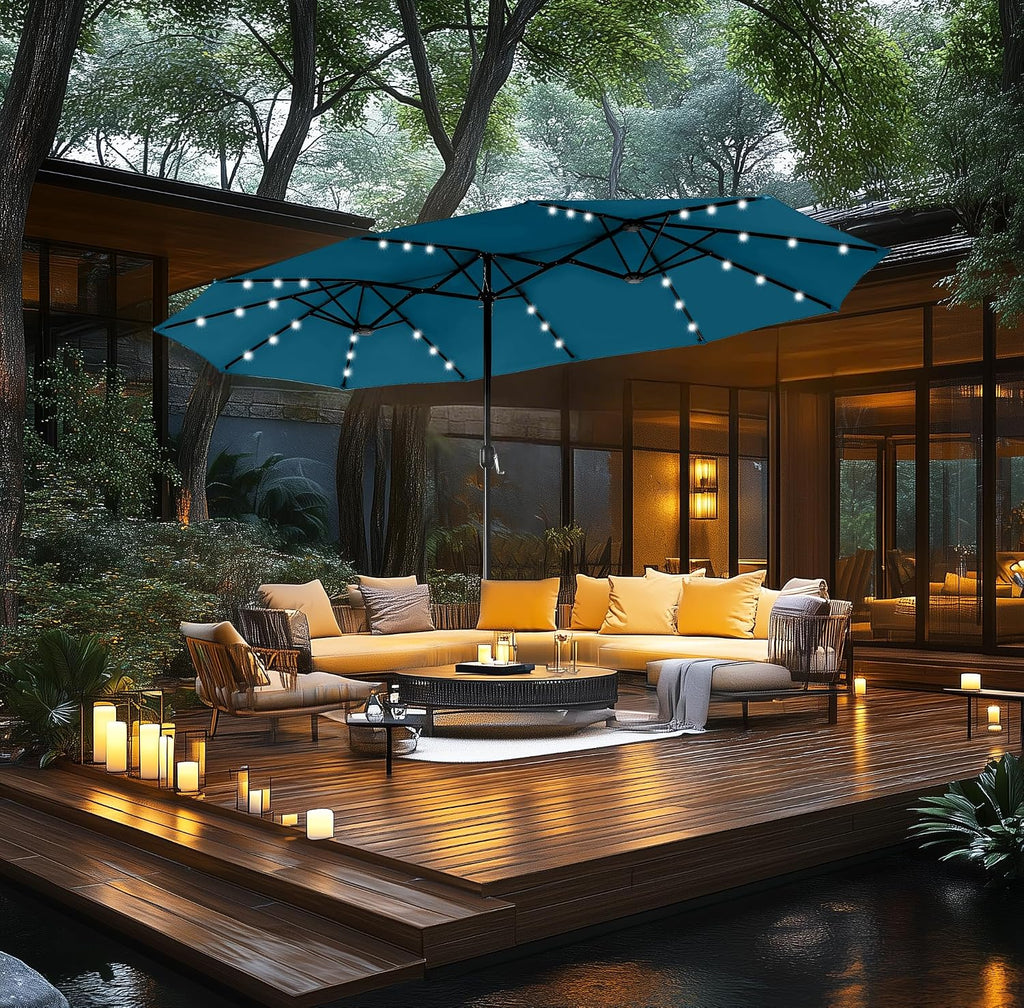 MFSTUDIO 15ft Double Sided Patio Umbrella with Solar Lights, Outdoor Large Umbrellas with Crank Handle and 36 LED Lights, Rectangular Market Umbrella with Base Included for Deck Pool Shade, Cerulean