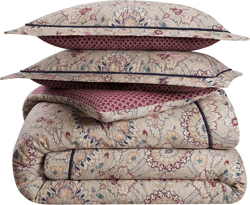 Waverly Oxford Damask 4 Piece Cotton Comforter Set, Embellished All Season Bedding, Includes One Comforter, One Bed Skirt and Two Pillow Shams, Machine Washable King Bed Set, Beige & Maroon