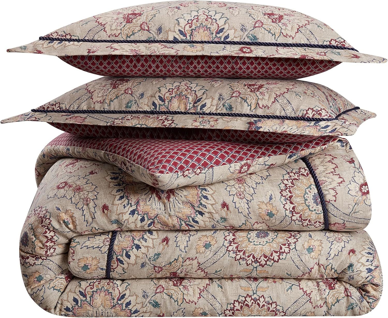 Waverly Oxford Damask 4 Piece Cotton Comforter Set, Embellished All Season Bedding, Includes One Comforter, One Bed Skirt and Two Pillow Shams, Machine Washable King Bed Set, Beige & Maroon