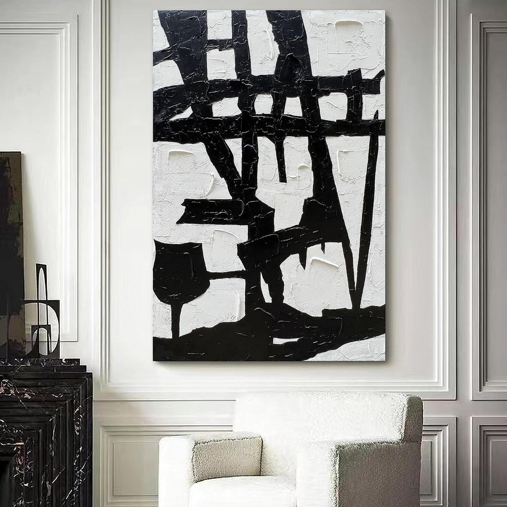 NANKAI Hand-Painted Black and White Wall Art Minimalist Black and White Abstract Painting Large Oil on Canvas Texture Wall Art 45x30 inches