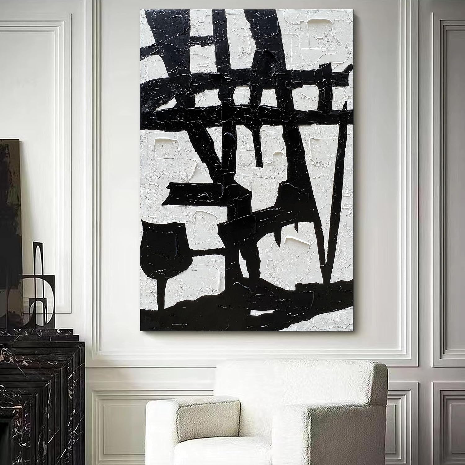 NANKAI Hand-Painted Black and White Wall Art Minimalist Black and White Abstract Painting Large Oil on Canvas Texture Wall Art 45x30 inches