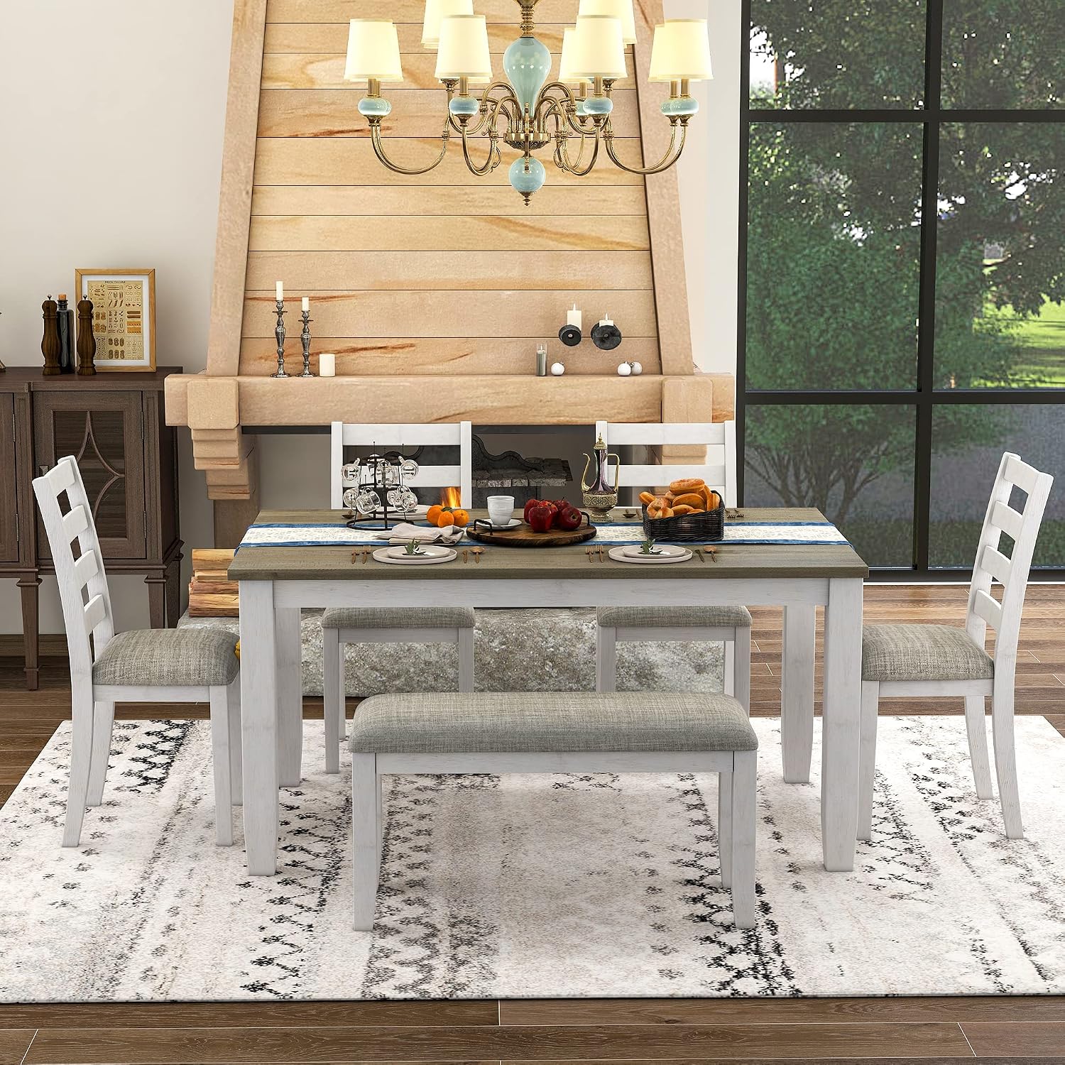 Rustic Farmhouse 6-Piece Dining Room Table Set, Counter Height Wooden Kitchen Dining Set with 4 Upholstered Chairs and Padded Bench, Kitchen Set for 6 (Brown+Whitewash)