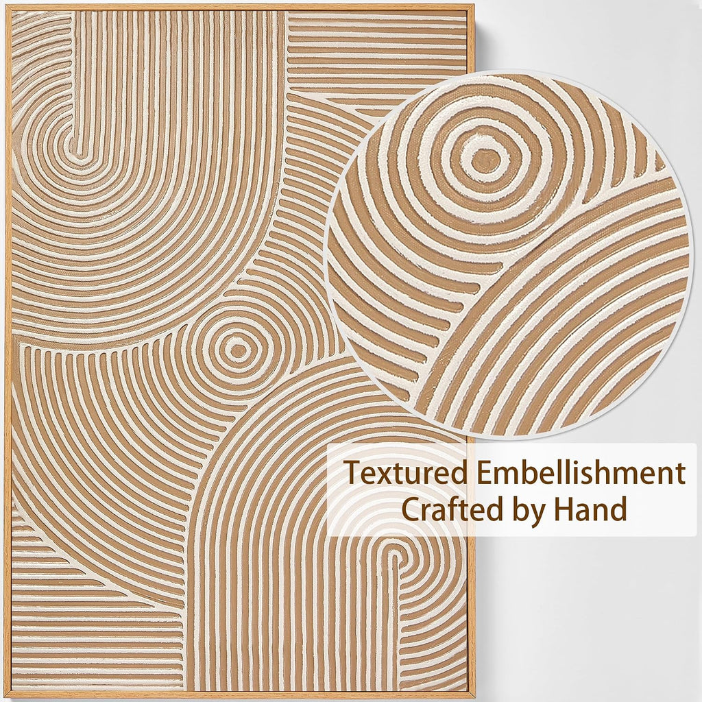 Zessonic Neutral Minimalist Textured 3D Wall Art Abstract Hand-Painted Framed Wall Decor Geometric Artwork Canvas Paintings- Living Room Bedroom Office - Modern Boho Neutral Line 16'x24' 3 piece