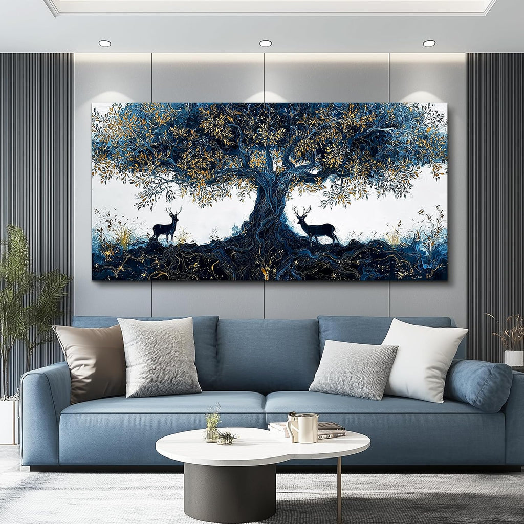 XIGUANGART Blue Tree of Life Wall Art, Large Pictures Wall Art for Living Room, Deer Oversized Wall Decor Elk Animal Canvas Print Painting Modern Extra Large Framed Artwork for Bedroom Office 60'x30'