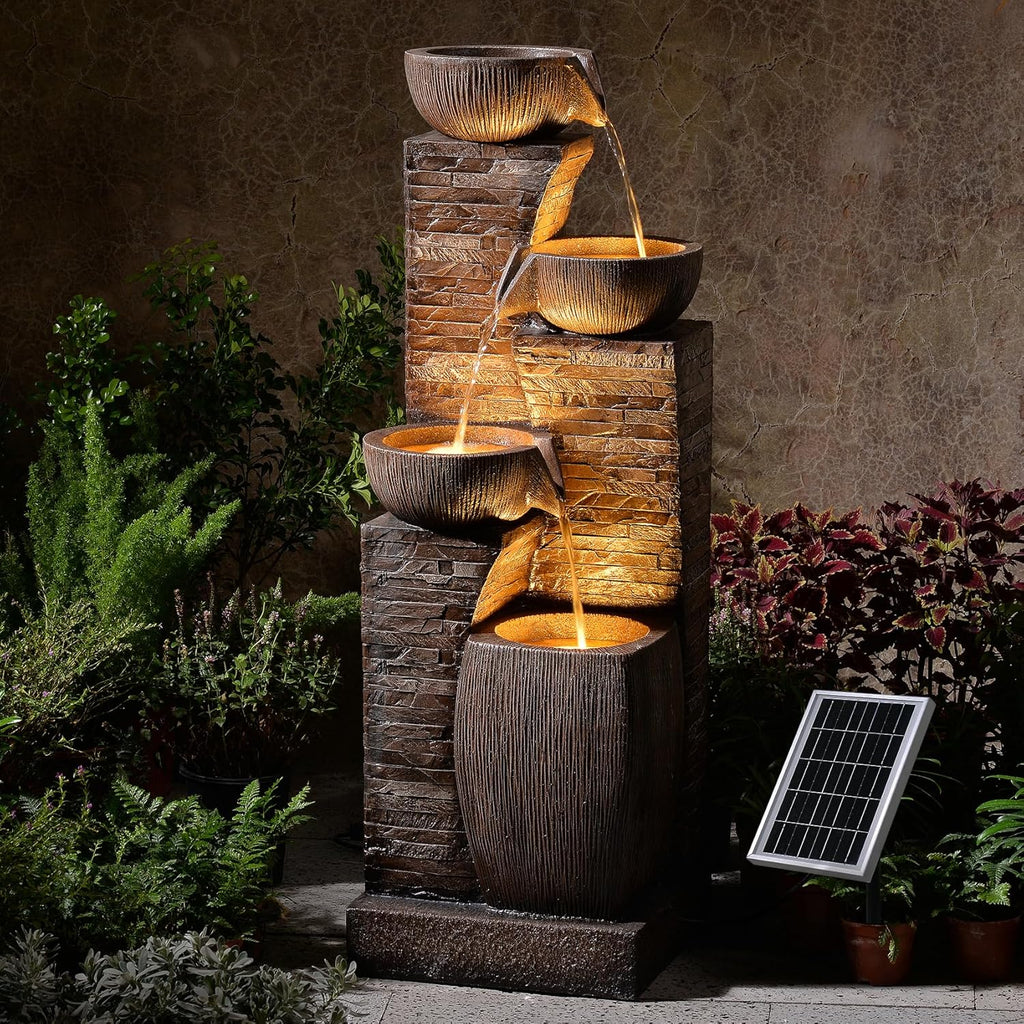 38.2' Tall Solar Powered Water Fountain for Outdoor,4 Tiers Modern Cascading Bowls and Stacked Stones Solar Fountains with LED Lights for Garden, Patio, Deck, Backyard and Home Art Decor
