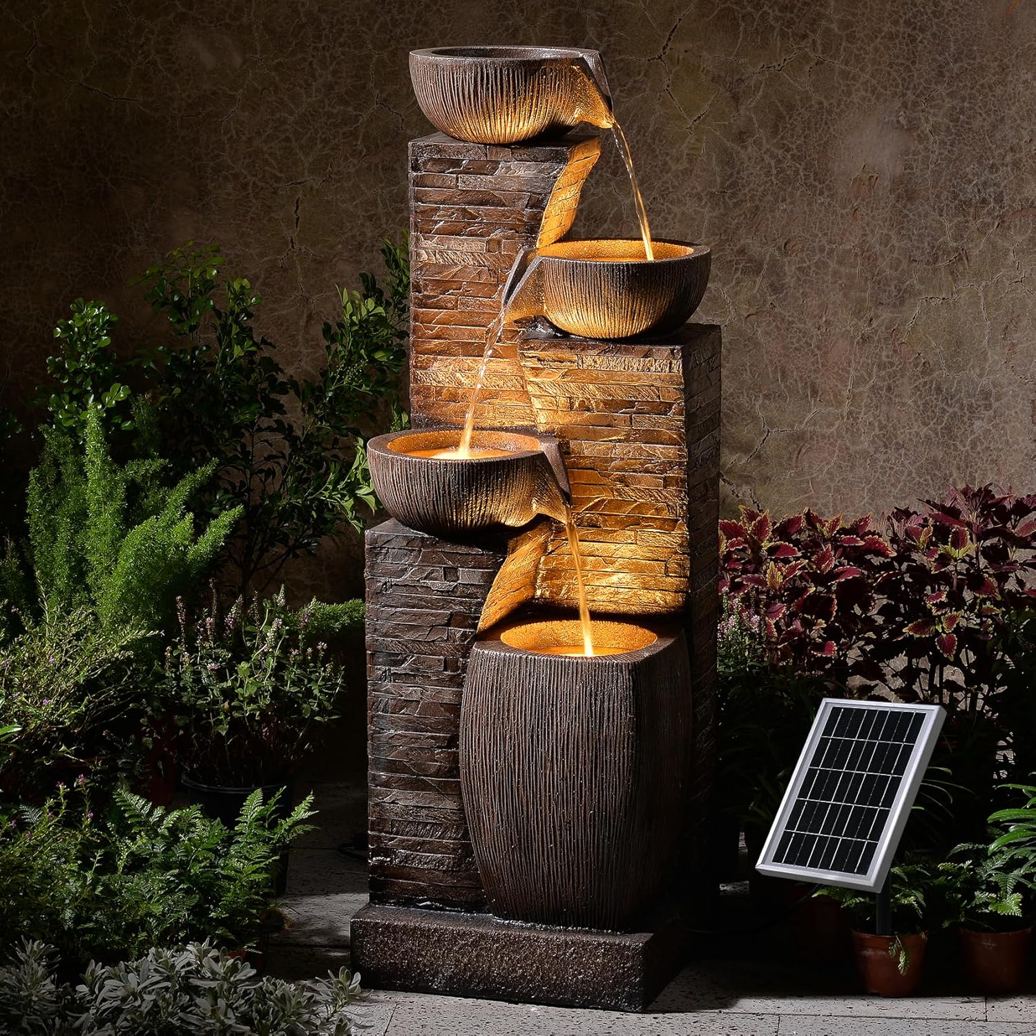 38.2' Tall Solar Powered Water Fountain for Outdoor,4 Tiers Modern Cascading Bowls and Stacked Stones Solar Fountains with LED Lights for Garden, Patio, Deck, Backyard and Home Art Decor