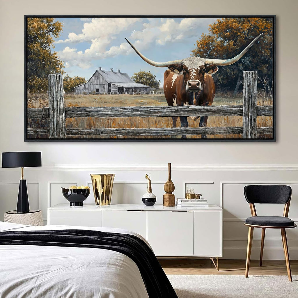 XLSJERST Rustic Wall Decor Poster 58x29 Inches - Longhorn Picture Farm Artwork Canvas Picture Brown Cow Wall Art for Living Room Guest Bath Decoration