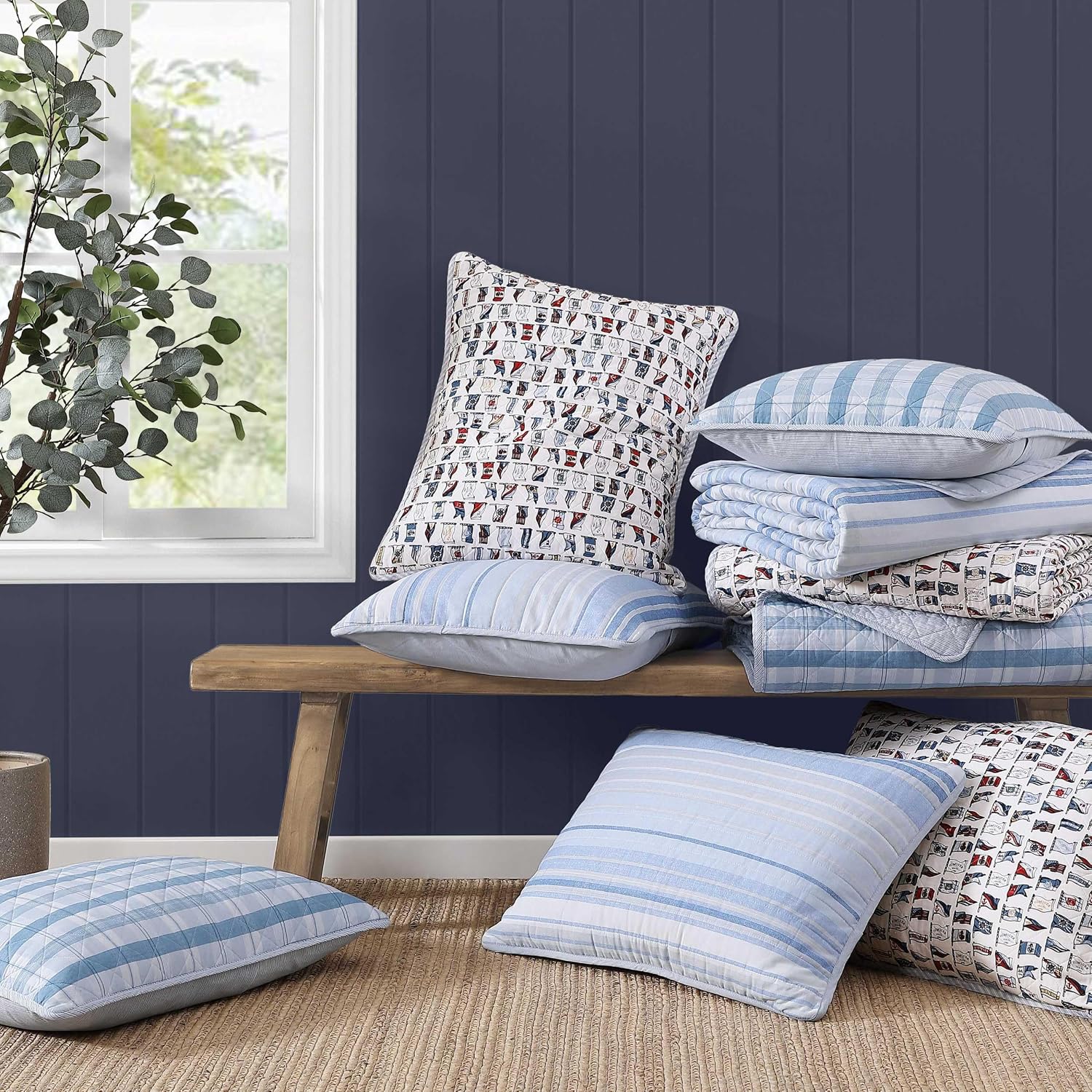 Tommy Hilfiger - King Quilt Set, Cotton Textured Bedding with Matching Shams, Medium Weight Bed Set, European Closure, Oeko-TEX Certified (Bold Stripe Blue)