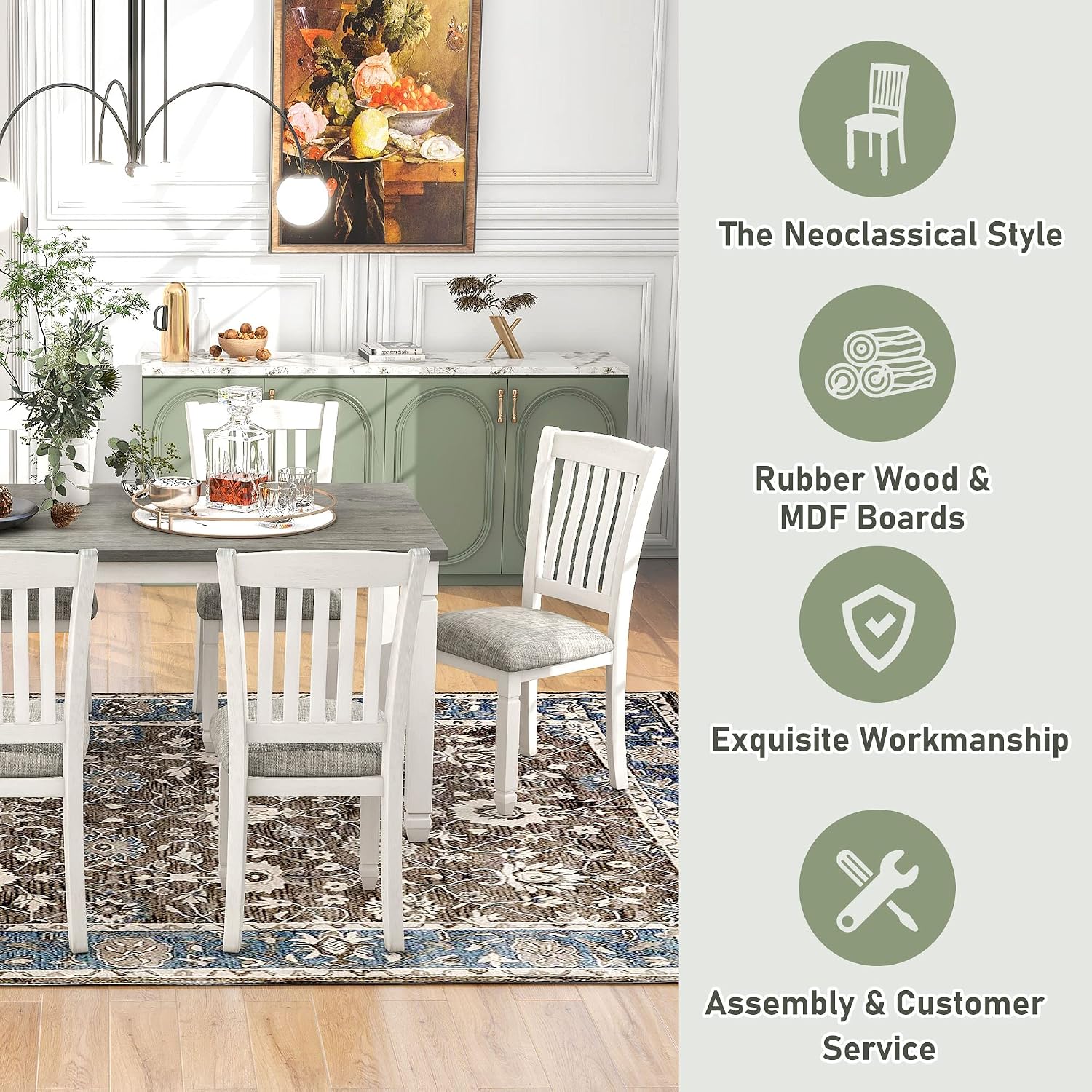 Neoclassical Solid Wood Dining Table Set of 7, Kitchen Dining Room Table Set, 60' Rectangle Dining Room Table with 6 Upholstered Chairs and Shaped Legs, Family Dining Kitchen Set for 6
