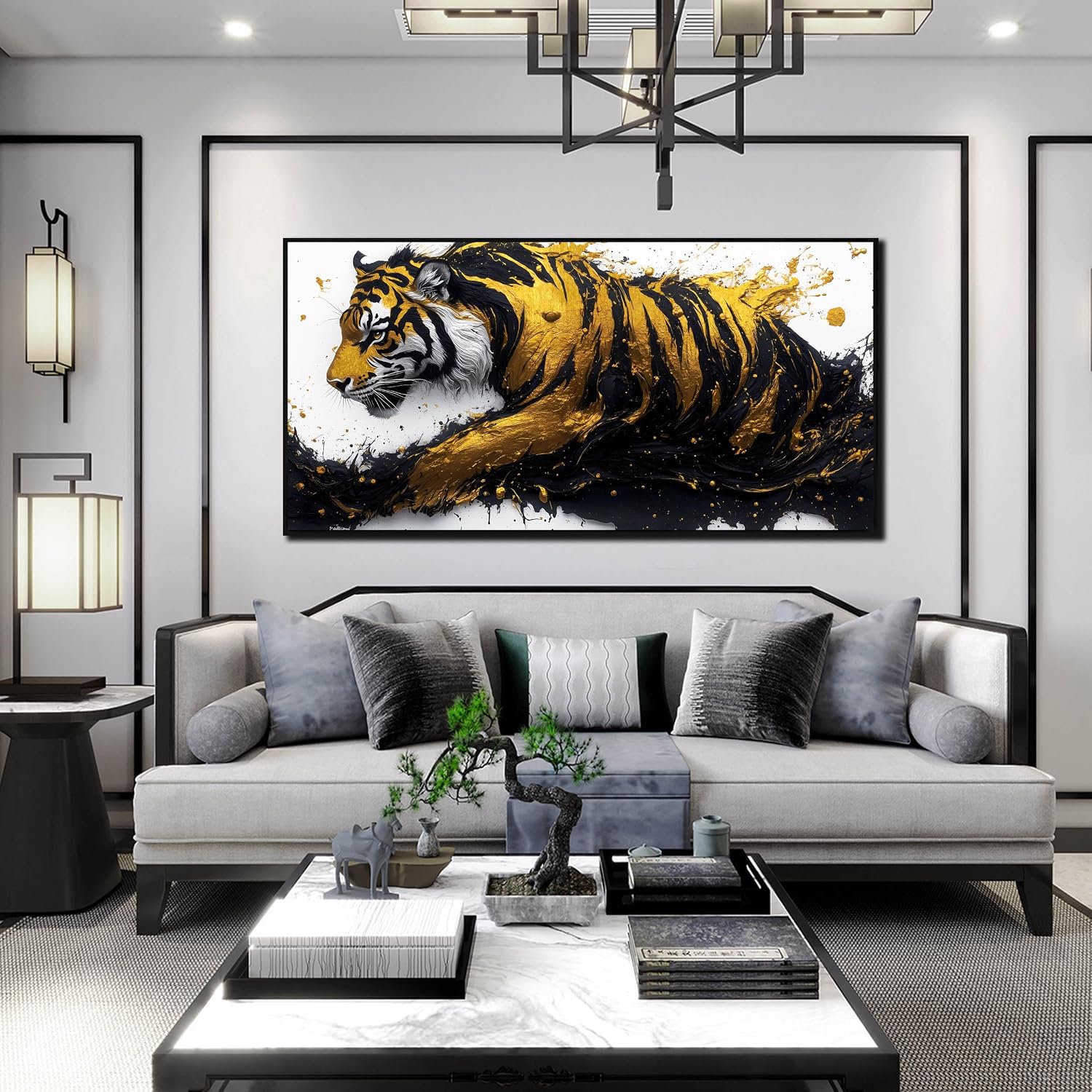 Tiger Painting Wall Art for Living Room - Animal Canvas Wall Art for Office - Black Framed Wall Art for Bedroom Size 24' x 48'