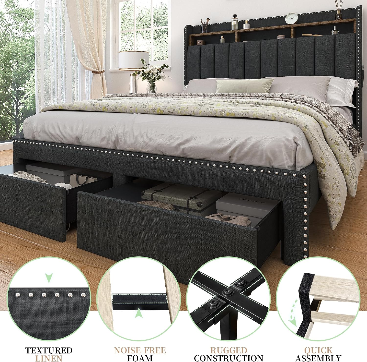 SIBEDS Full LED Bed Frame with 2 Drawers, Upholstered Platform Bed with 2 Tier Storage Wingback Headboard, Linen Channel Tufted Bedframe with Rivet Decor, No Box Spring Needed, Dark Gray