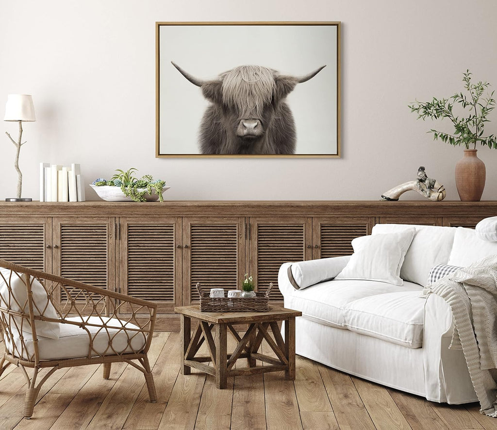 Kate and Laurel Sylvie Hey Dude Highland Cow Color Framed Linen Textured Canvas Wall Art by The Creative Bunch Studio, 28x38 Natural, Decorative Cow Art for Wall