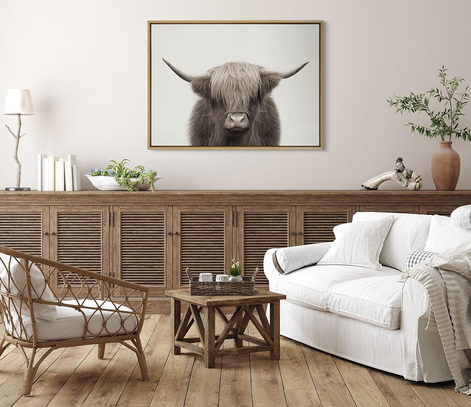 Kate and Laurel Sylvie Hey Dude Highland Cow Color Framed Linen Textured Canvas Wall Art by The Creative Bunch Studio, 28x38 Natural, Decorative Cow Art for Wall