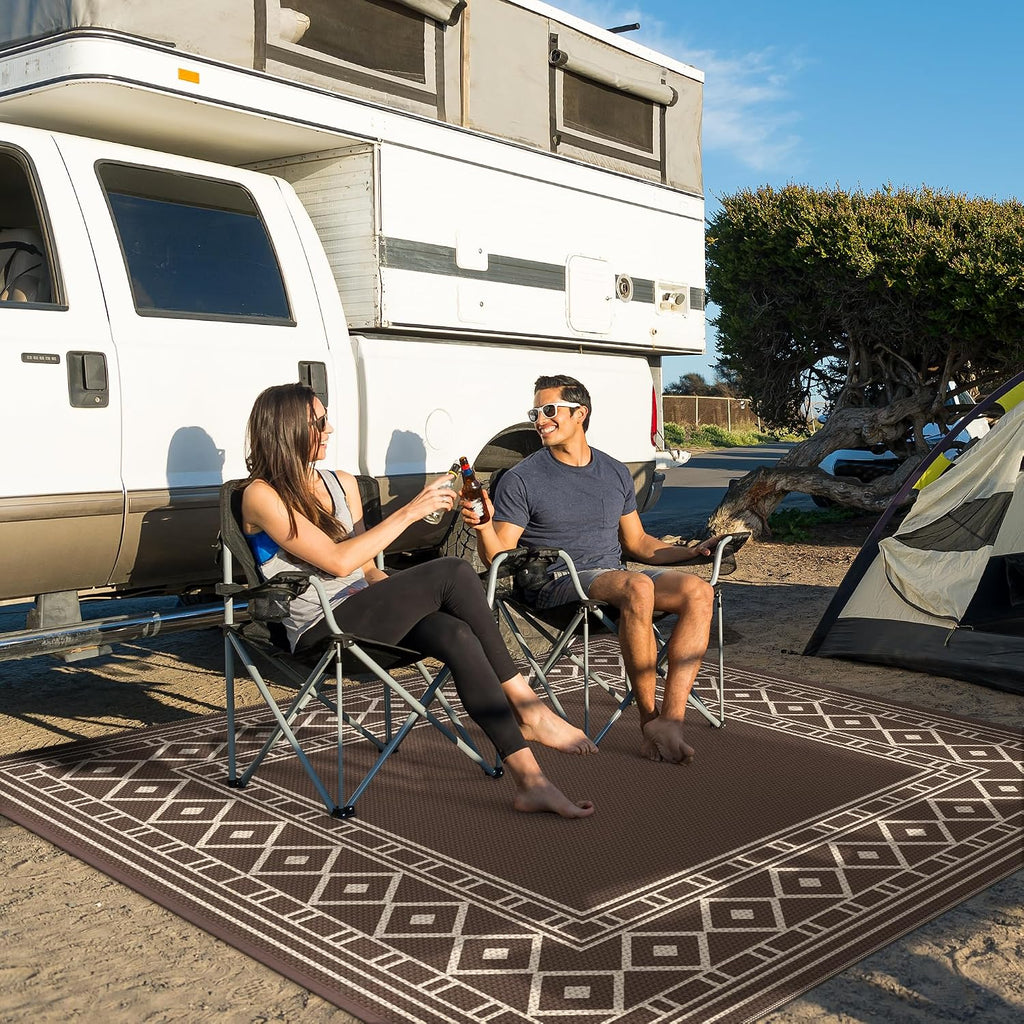 GENIMO Outdoor Rug Waterproof for Patio Decor, 10'x10' Foldable Reversible Plastic Straw Carpet, Outside Area Mat for Rv, Deck, Picnic, Porch, Camper, Balcony, Beach, Coffee & Beige
