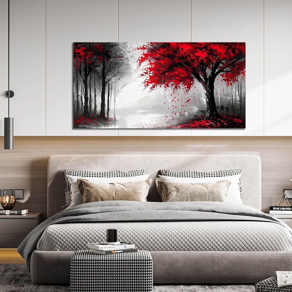 Large Canvas Wall Art for Living Room Black White and Red Forest Print Pictures Painting Framed Wall Decor for Bedroom Modern Home Plant Scenery Wall Decorations Artwork Size 30x60 Ready to Hang