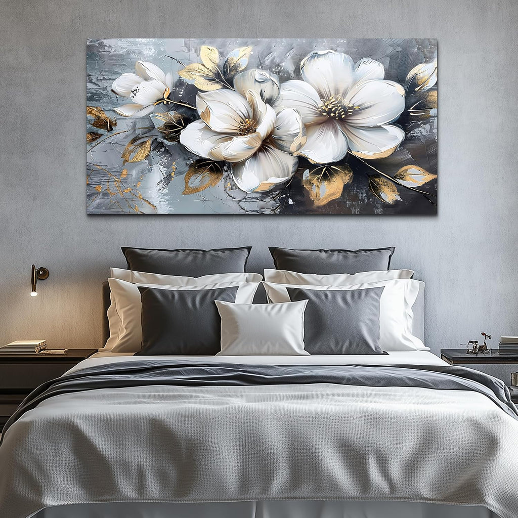 KELIYUAN Large Canvas Wall Decor Living Room For Wall Art For Bedroom Office Decorations Abstract White Flowers Wall Paintings Pictures Artwork Modern Framed Posters Home Decor Aesthetic 30'x60'