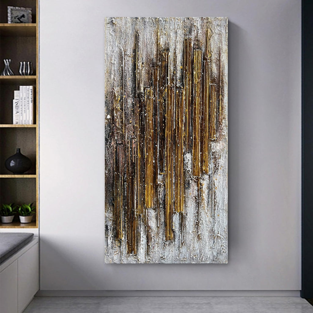 Hand Painted 24x48 inch White and Gold Abstract Wall Decoration Oil Painting Thick Texture Minimalist Art