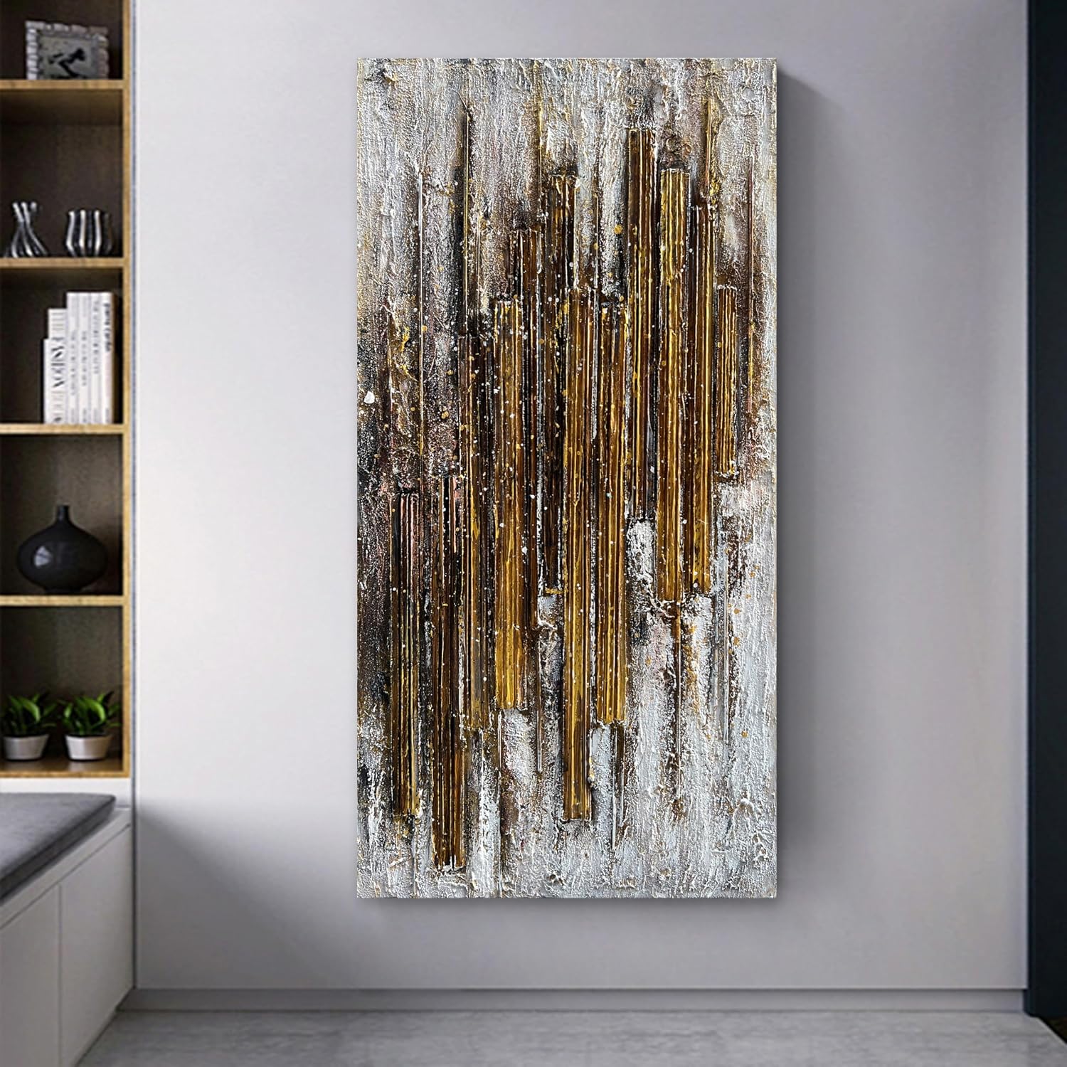 Hand Painted 24x48 inch White and Gold Abstract Wall Decoration Oil Painting Thick Texture Minimalist Art