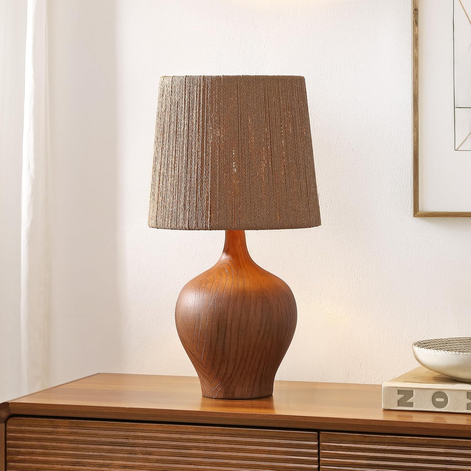 JONATHAN Y 23' Brown Wood Finish Rustic Farmhouse Resin Gourd LED Table Lamp for Bedroom, Living Room, Nightstand, with Brown Paper Rope Shade, LED Bulb Included JYL9200A