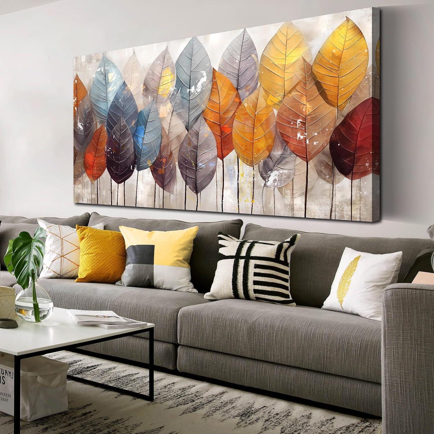 ENTANUB Leaf Wall Art for Living Room, Gold Autumn Canvas Wall Art for Bedroom, Tree Print Painting for Office, Large Size 60x30 Inches