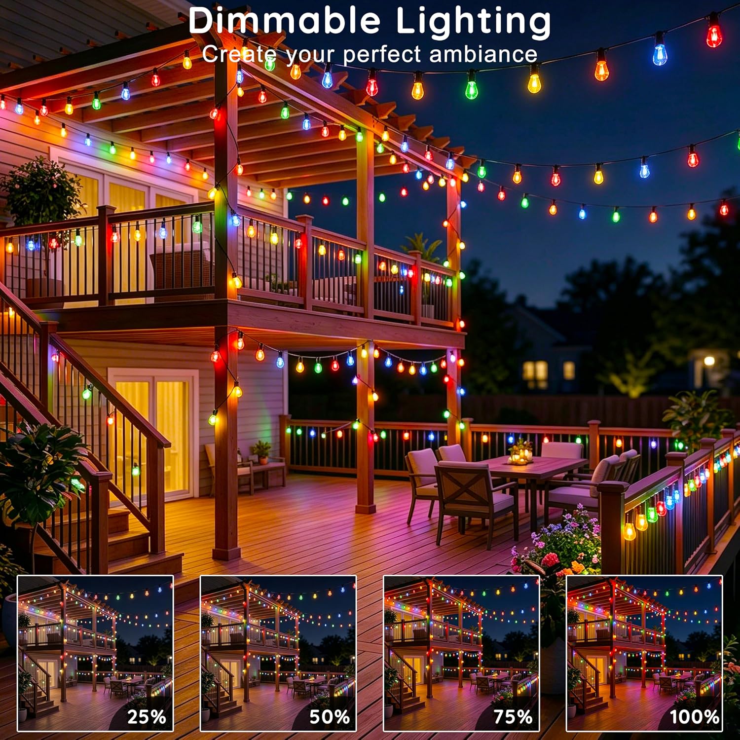 AHRLHR 300FT RGB+IC Outdoor String Lights,Outside Light Dimmable Shatterproof LED Bulbs,Balcony, Outdoor Living， IP67 Waterproof Chasing Effect Lighting DreamColor Patio Strip Lights for Backyard