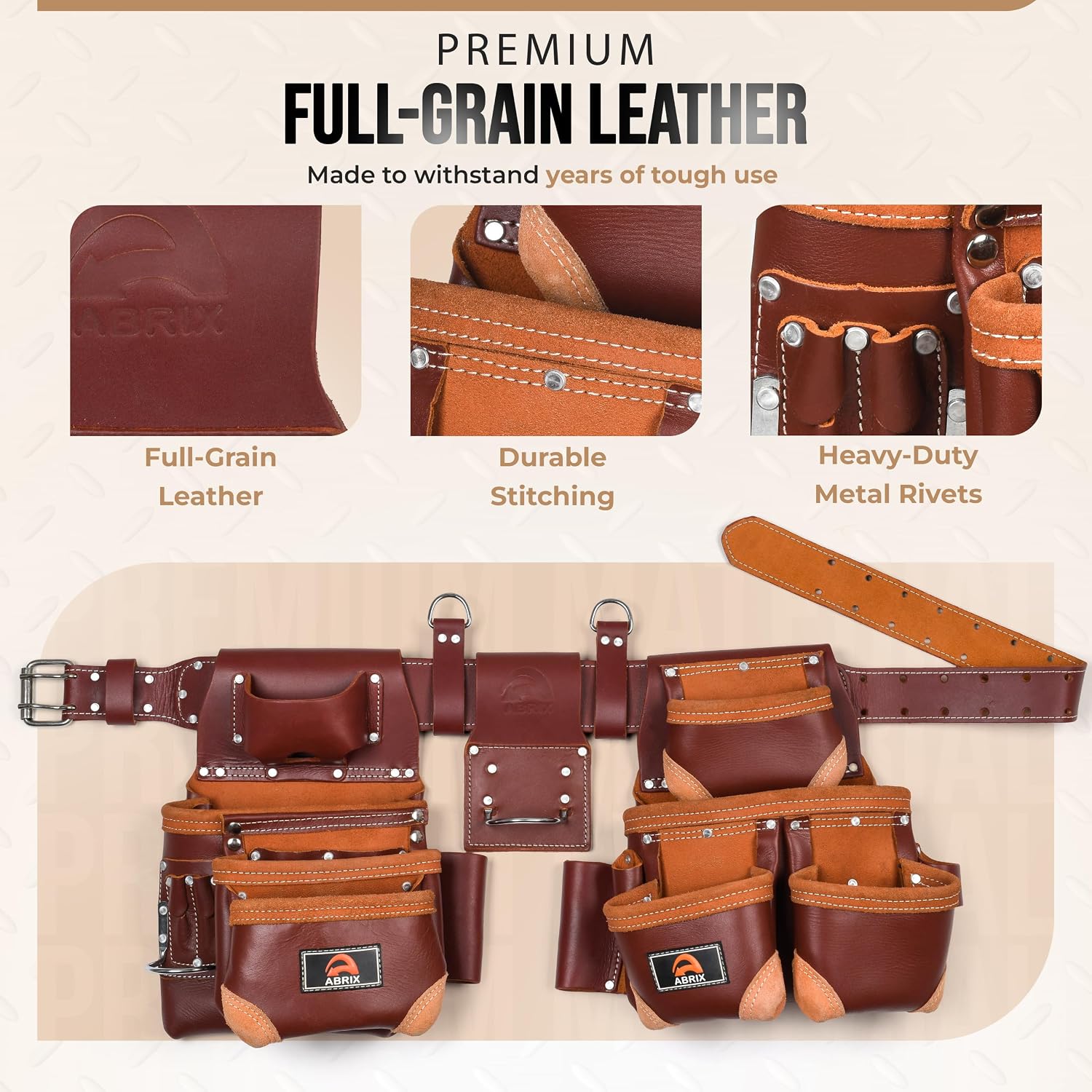 ABRIX Heavy Duty Tool Belt for Men – 4MM Thick Genuine Leather, Brass Buckle & Rivets | Foam Padded Comfort | 28-Pocket Carpenter & Framing Rig with Suspender | Work Belt Fit upto 32' to 52'