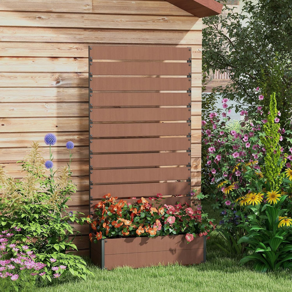Outsunny Raised Garden Bed with Trellis for Climbing Plants, Planter Box with Self Draining Gap, Freestanding Trellis Planter for Outdoor, Patio, Deck, 35.75' x 15' x 70.75', Light Brown