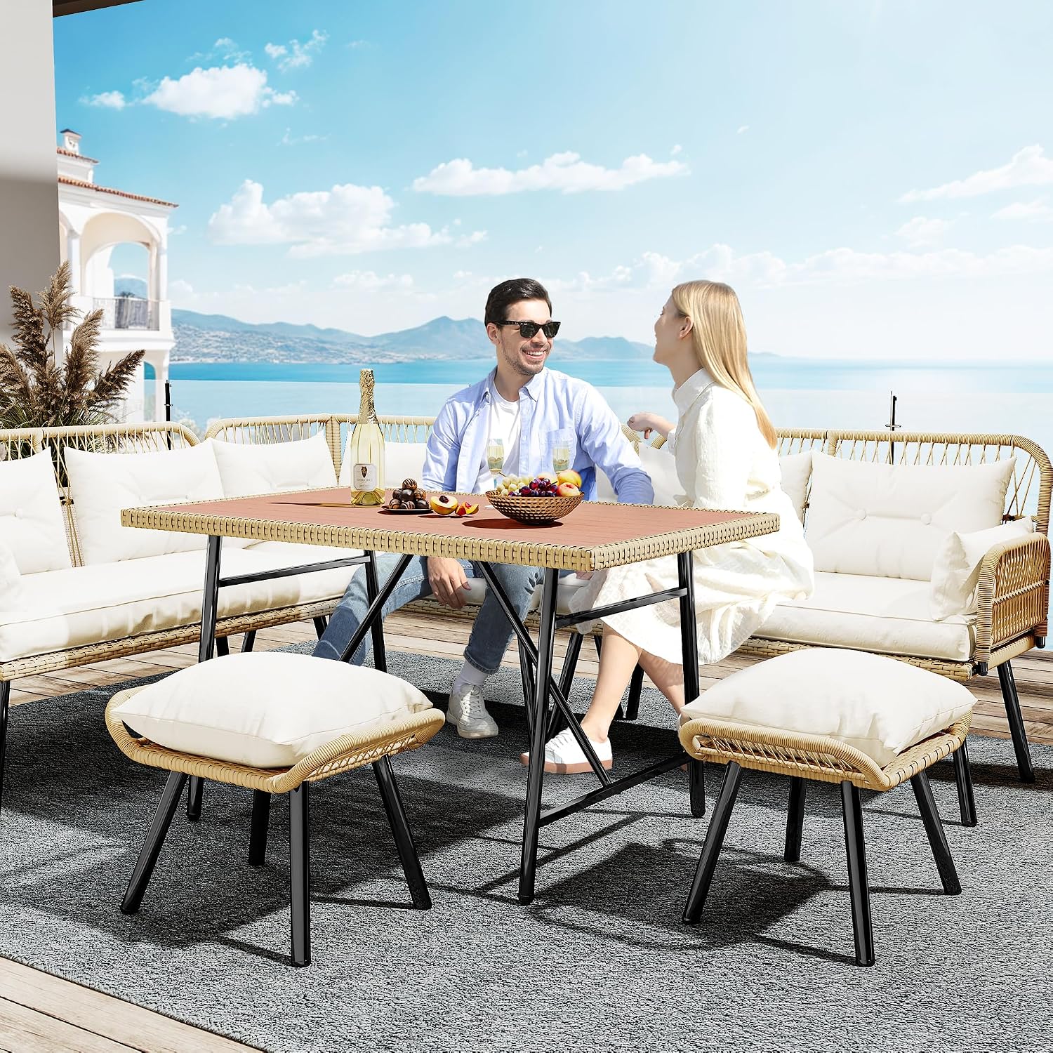 YITAHOME Patio Wicker L-Shaped Furniture Set, All-Weather Rattan Outdoor Conversation Sofa Set for Backyard Deck with Soft Cushions,Ottomans and Plastic Wood Dining Table (Light Brown+Beige)