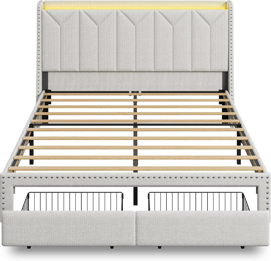 WLIVE Full Size Upholstered Bed Frame with 2 Drawers, Storage Headboard Platform Bed with Charging Station and LED Light, Sturdy Metal & Wooden Slats Support, No Box Spring Needed, Beige