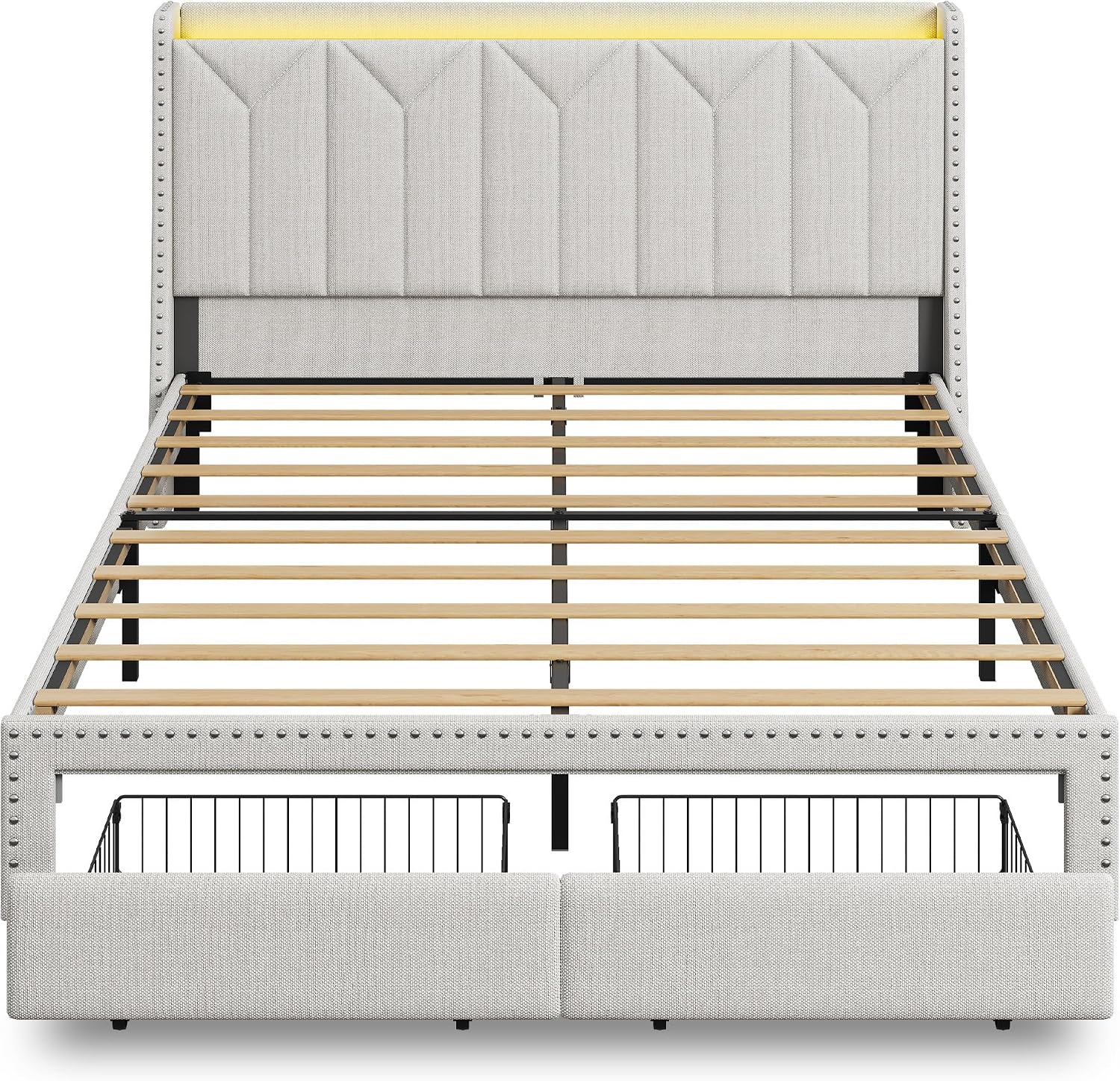 WLIVE Full Size Upholstered Bed Frame with 2 Drawers, Storage Headboard Platform Bed with Charging Station and LED Light, Sturdy Metal & Wooden Slats Support, No Box Spring Needed, Beige