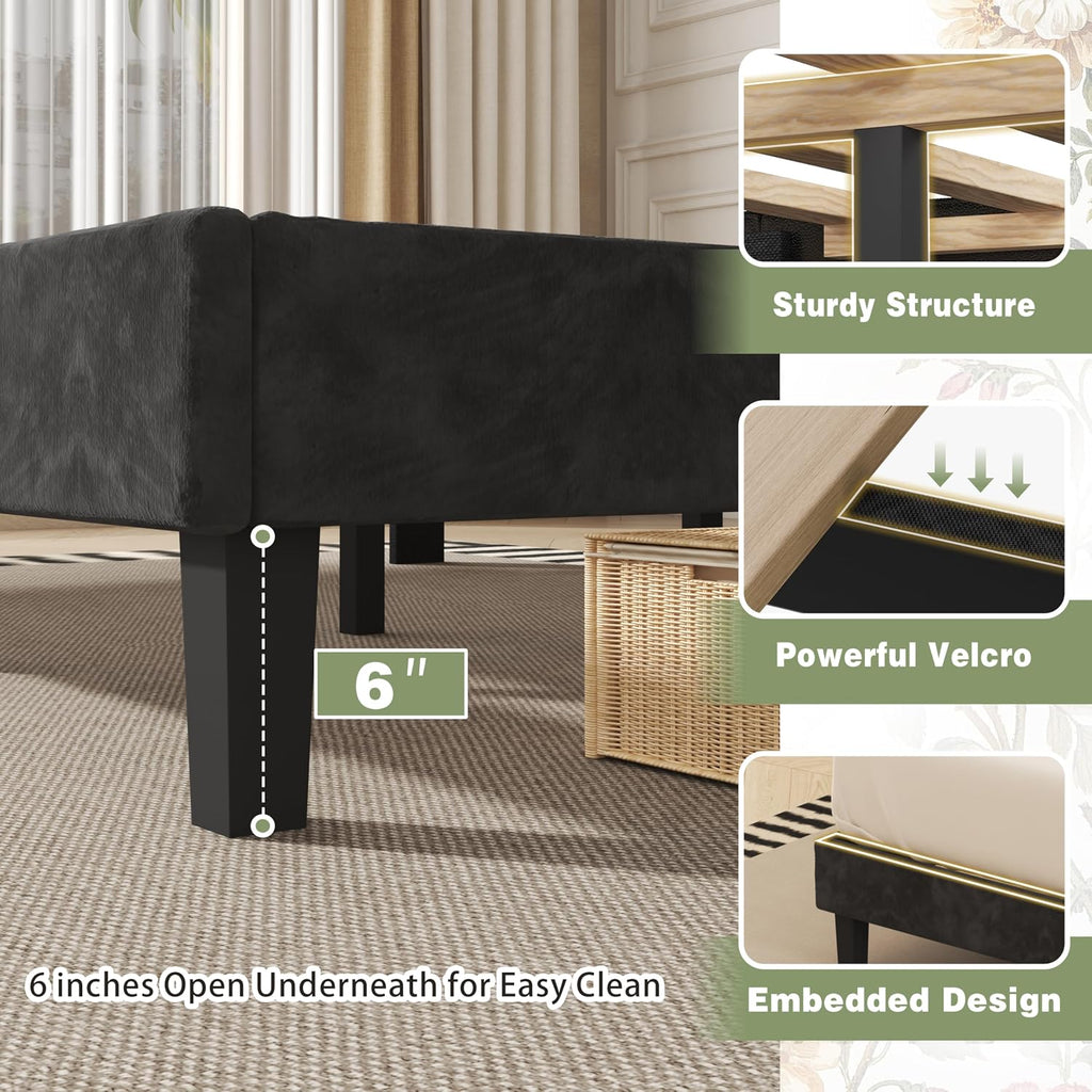 SUNLEI Queen Bed Frame with Storage Headboard, Velvet Upholstered Platform Bed Frame with Wingback Tufted Headboard, Noise Free Wood Slat Support, No Box Spring Needed, Easy Assembly, Black