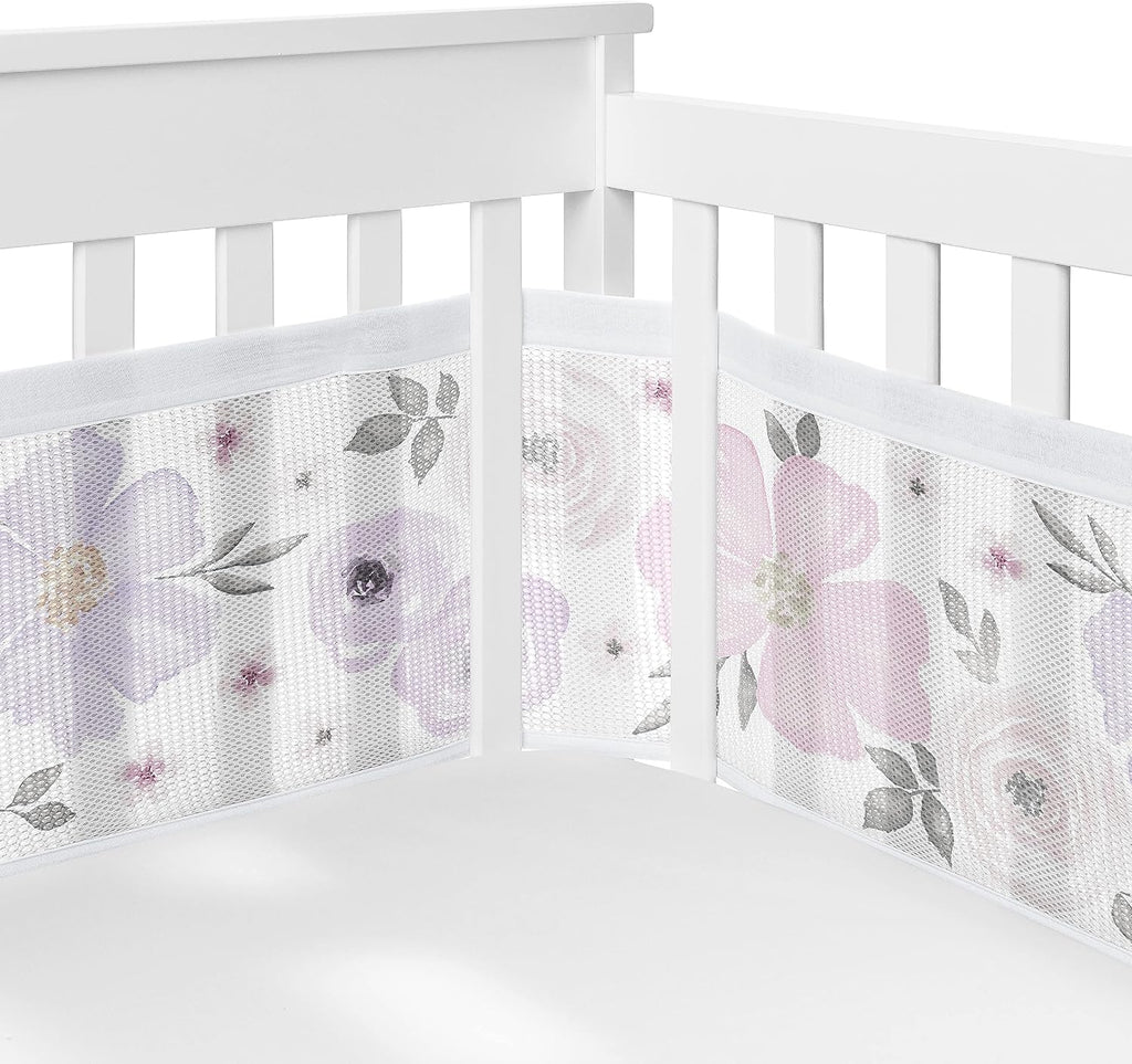 Sweet Jojo Designs Lavender Purple Boho Floral Girl Baby Crib Bedding Set Infant Nursery BreathableBaby Breathable Mesh Crib Liner Blanket Sheet Skirt 6 PC Bohemian Shabby Chic Watercolor Flower Gray