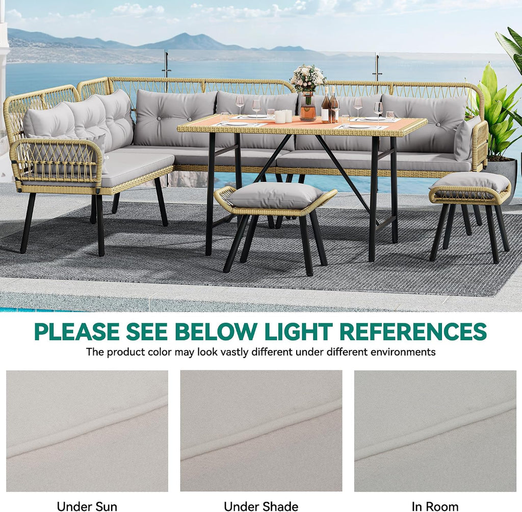 YITAHOME Patio Wicker L-Shaped Furniture Set, All-Weather Rattan Outdoor Conversation Sofa Set for Backyard Deck with Soft Cushions,Ottomans and Wood-Like Dining Table, Light Brown+Gray