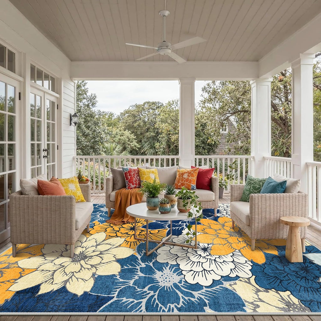 GENIMO Indoor Outdoor Area Rug 10'x14', Machine Washable Rugs for Patio, Waterproof, Non-Slip Easy Cleaning Floral Outdoor Mat Carpet for Living Room, Bedroom, RV, Balcony, Deck, Camping, Navy Blue