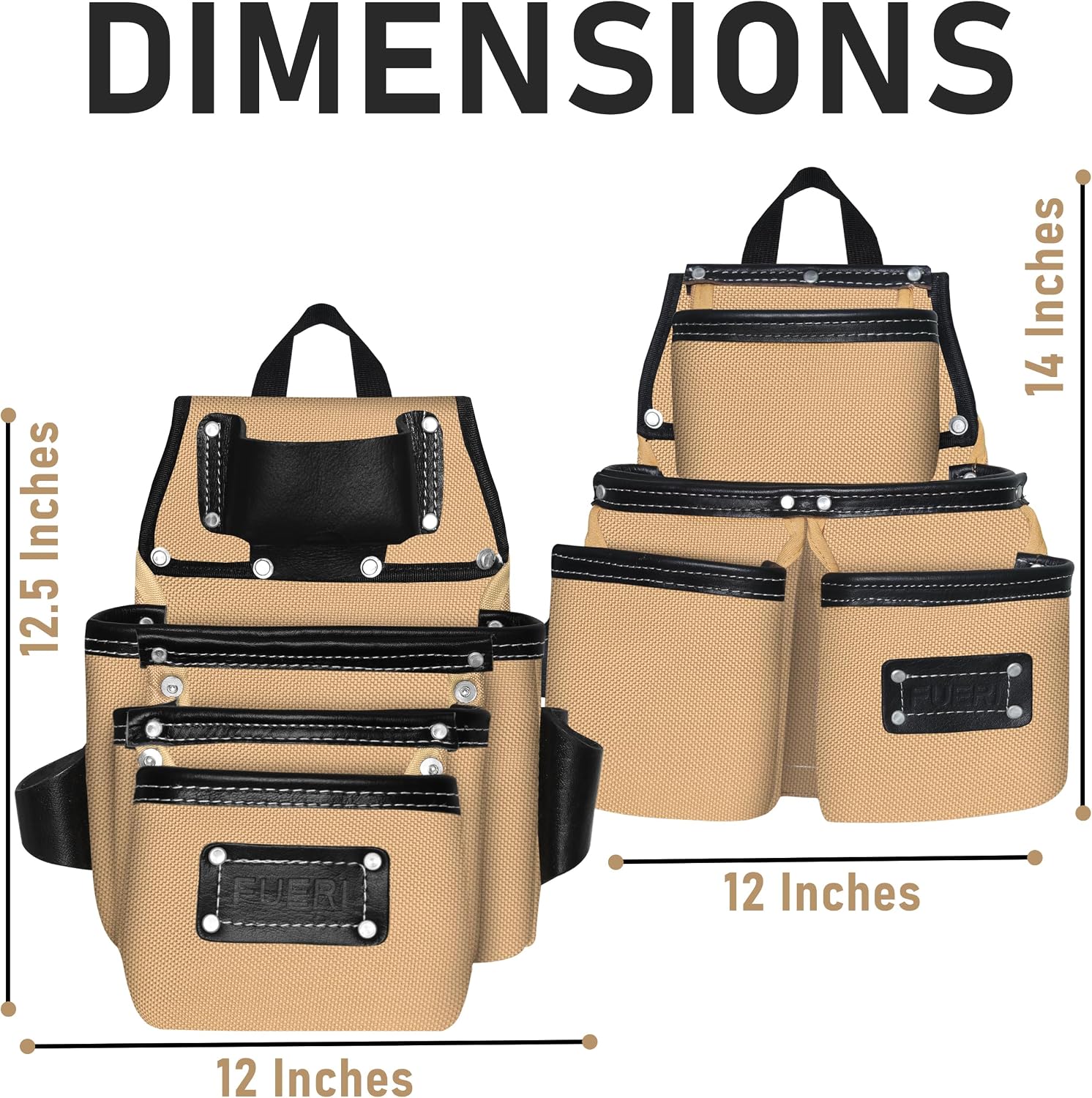 FUERI Electrician's Heavy Duty 26 Pocket Leather-Nylon Tool Belt & Bag Combo for Men, Comfort Back Support Padded Belt, 2 Large Storage Capacity Pouches, Best for Framers, Carpenter, Roofing