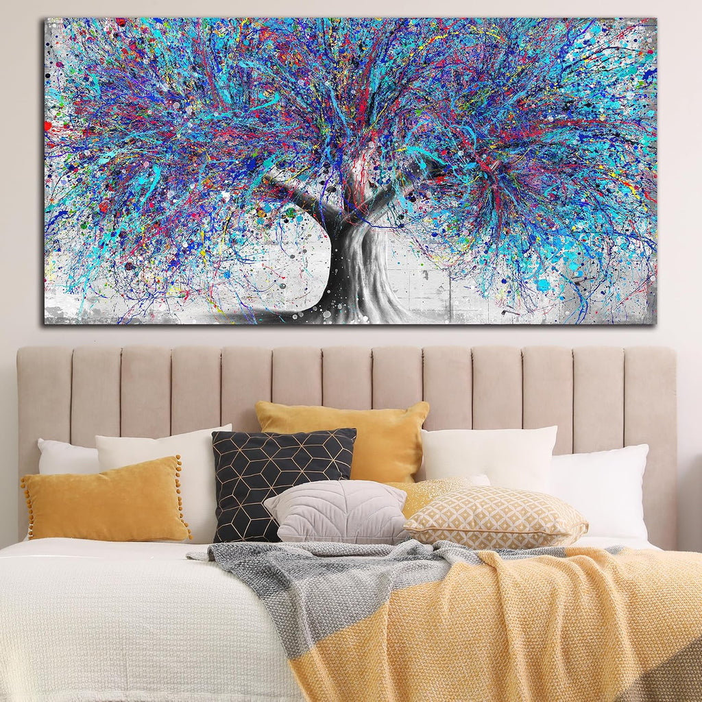GUGIKA Large Wall Art for Living Room, Blue Tree Canvas Wall Decor for Bedroom, Graffiti Print, Blue Picture Decoration, Size 59x29 Inches