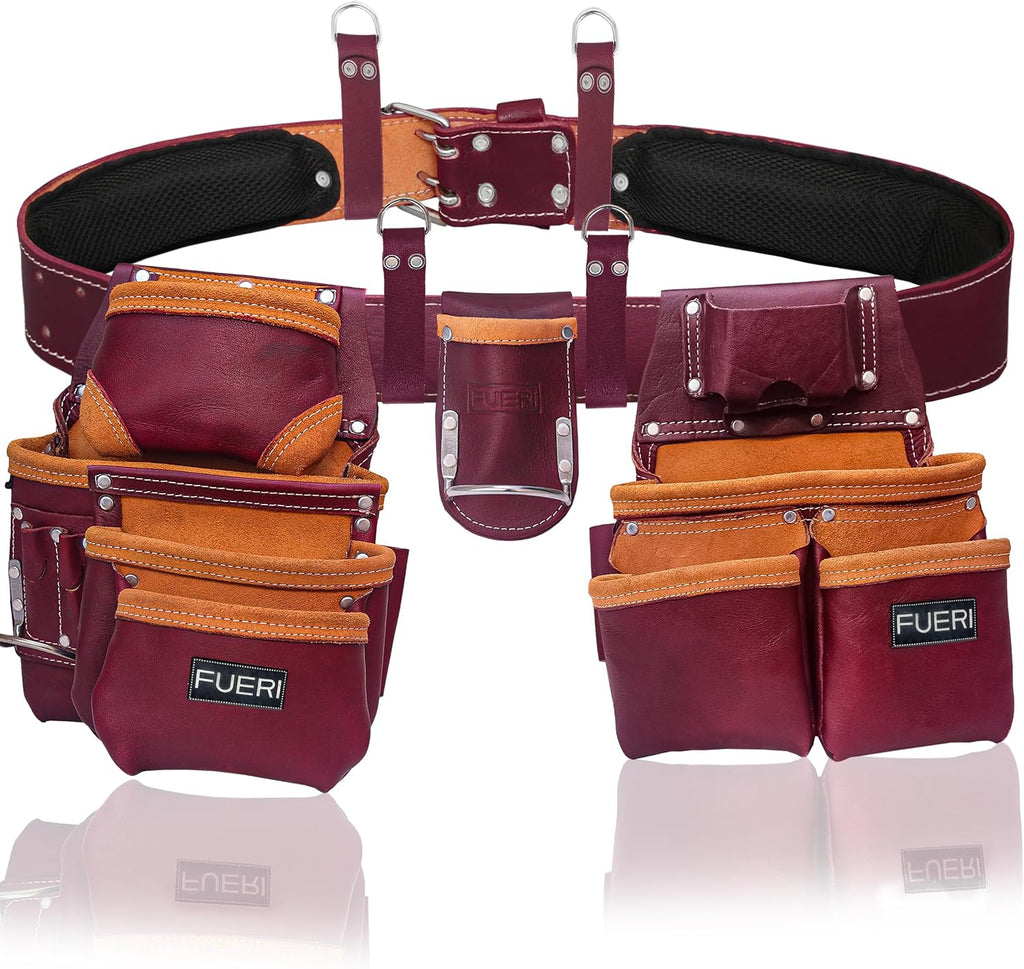 FUERI Leather Tool Belts for Men, Heavy-Duty Durable Carpenter Tool Rig Organizer With 19 Pockets-2 Pouches, Double Hammer Holder, Suspender Loops, And A Foam-Padded Belt for Framers, And Electricians