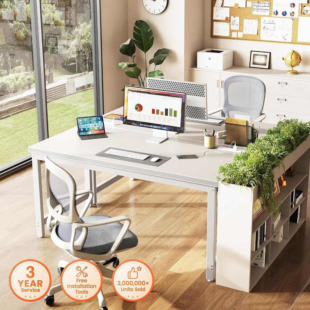 Huuger 55 x 24 inch Desk with Power Outlets & USB-C, Deeper & Thicker Desktop, Robust Metal Tubes, Computer Desk, Heavy Duty Office Desk, Work Gaming Desk for Home Office, White