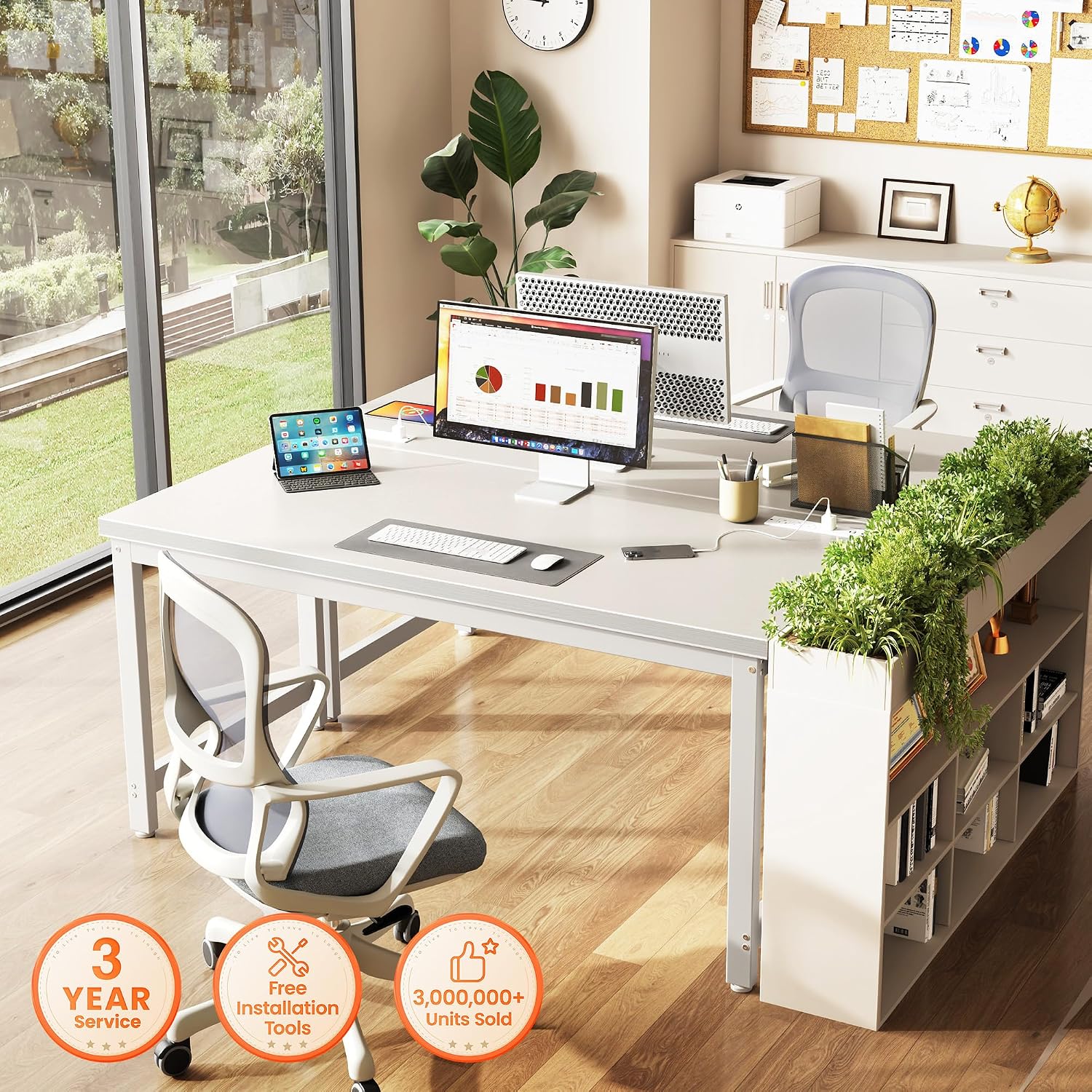 Huuger 55 x 24 inch Desk with Power Outlets & USB-C, Deeper & Thicker Desktop, Robust Metal Tubes, Computer Desk, Heavy Duty Office Desk, Work Gaming Desk for Home Office, White
