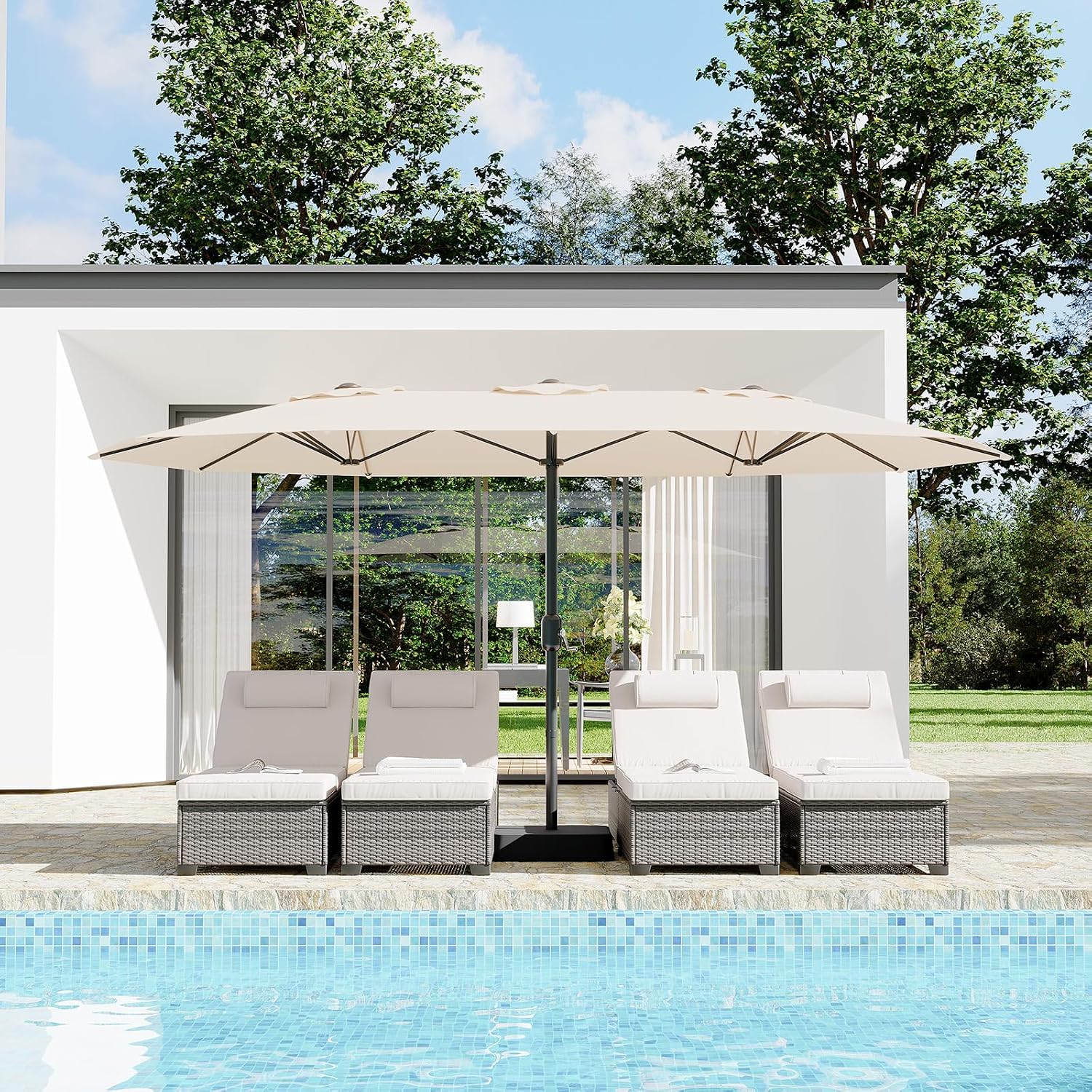 Garvee 15 ft Rectangular Patio Umbrella with Base Included - Large Patio Umbrella with Crank Handle, UV Protection for Outdoor Market, Backyard, Pool - Beige