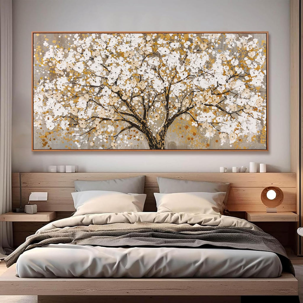 Large Wall Art Print Gold Abstract Tree Of Life Framed Modern Artwork Canvas Painting Gold Tree Pictures Home Decor Ready To Hang For Bedroom Living Room 29' X 58'