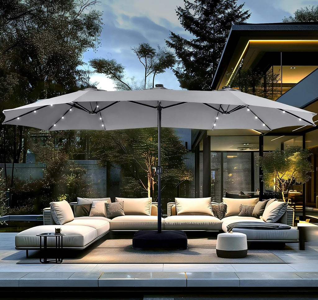PHI VILLA 15ft Large Patio Umbrella with Solar Lights, Double-Sided Outdoor Market Rectangle Umbrellas with 36 LED Lights, Umbrella Base (Stand) Included, Light Grey