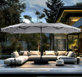 PHI VILLA 15ft Large Patio Umbrella with Solar Lights, Double-Sided Outdoor Market Rectangle Umbrellas with 36 LED Lights, Umbrella Base (Stand) Included, Light Grey