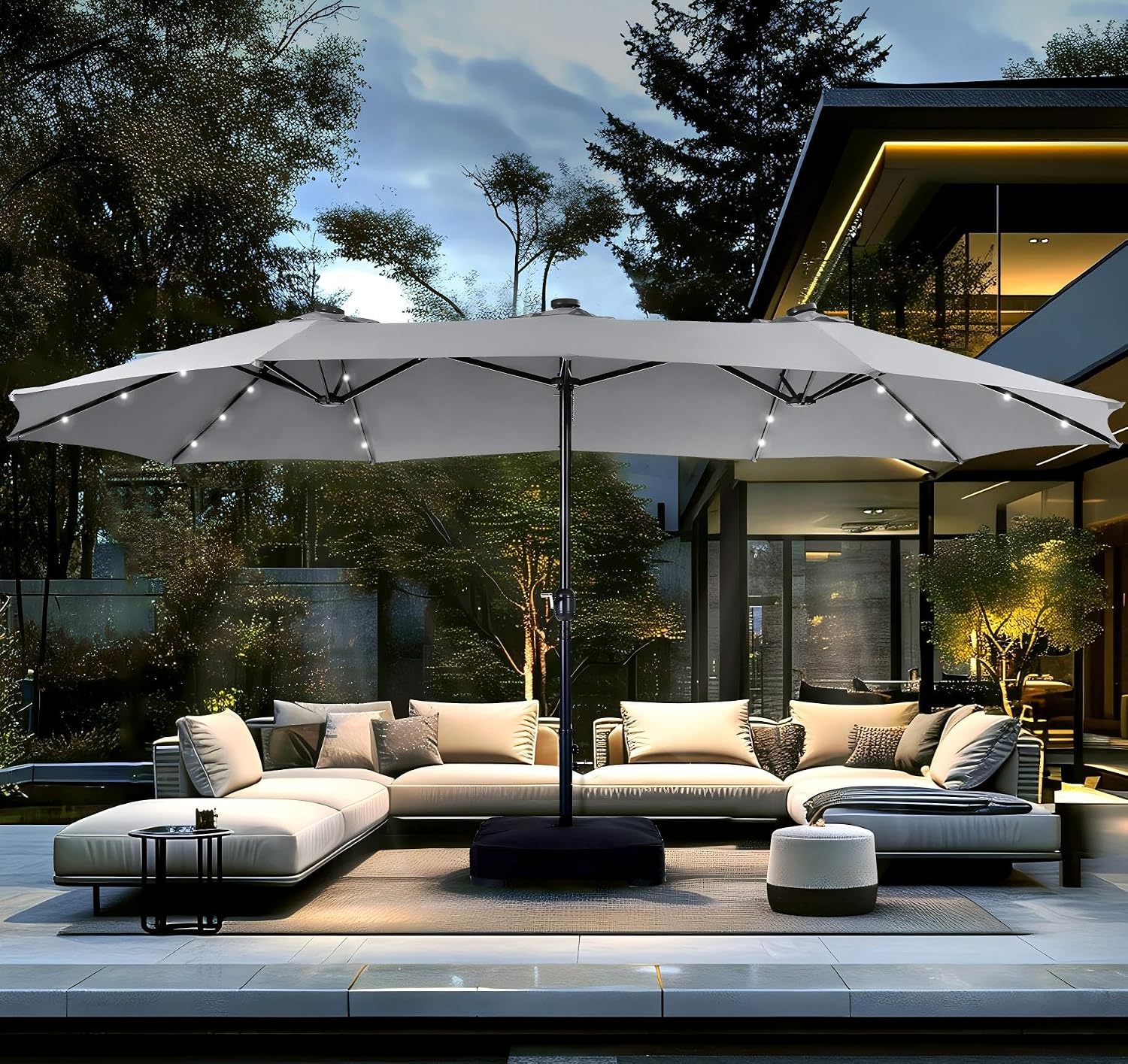 PHI VILLA 15ft Large Patio Umbrella with Solar Lights, Double-Sided Outdoor Market Rectangle Umbrellas with 36 LED Lights, Umbrella Base (Stand) Included, Light Grey
