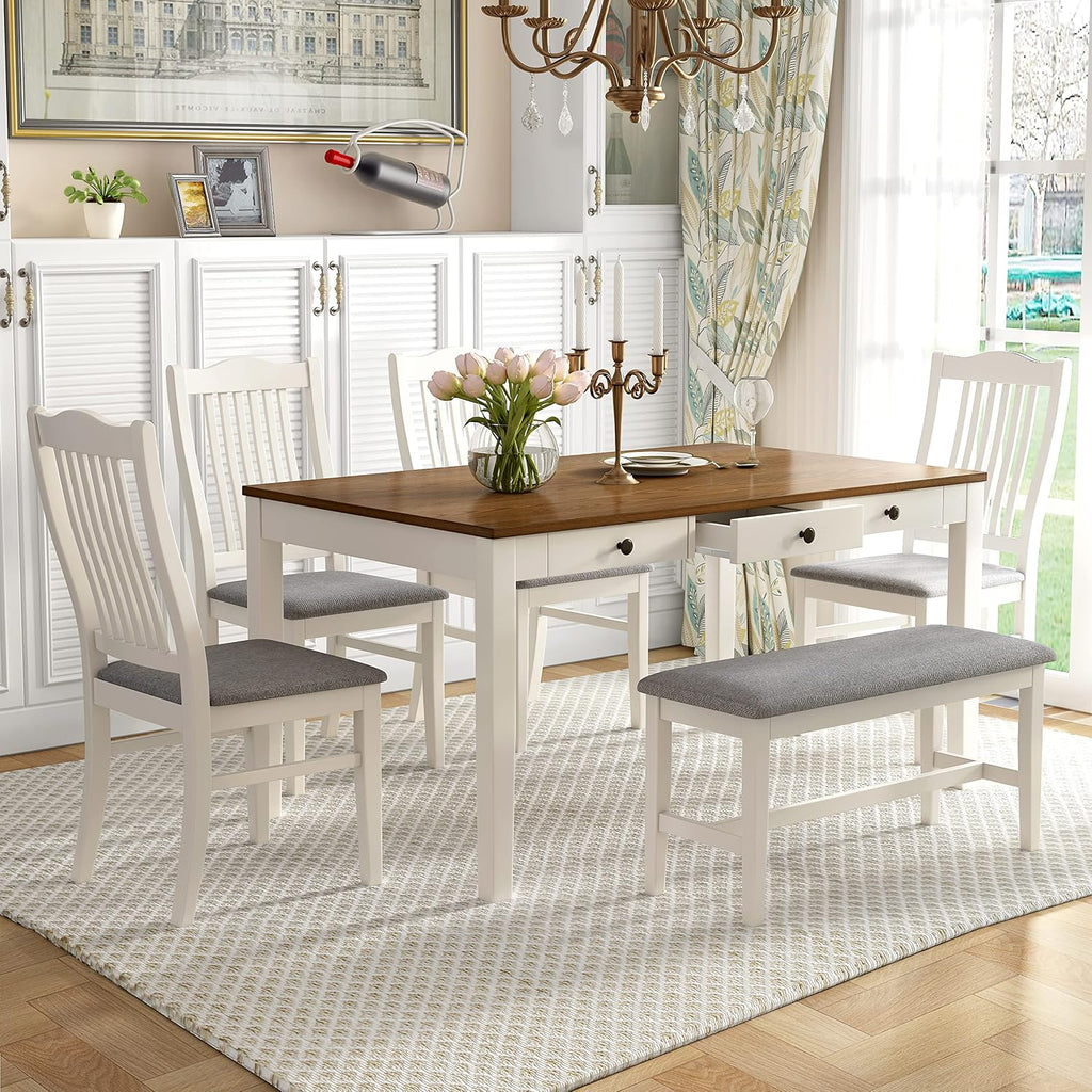 Compact 6-Piece Dining Table Set, Solid Wood Kitchen Dining Room Table Set with 4 Padded Ergonomic Chairs & Bench, 60'' Rectangular Table with Storage Drawer, Space-Saving Design (Grey-P)