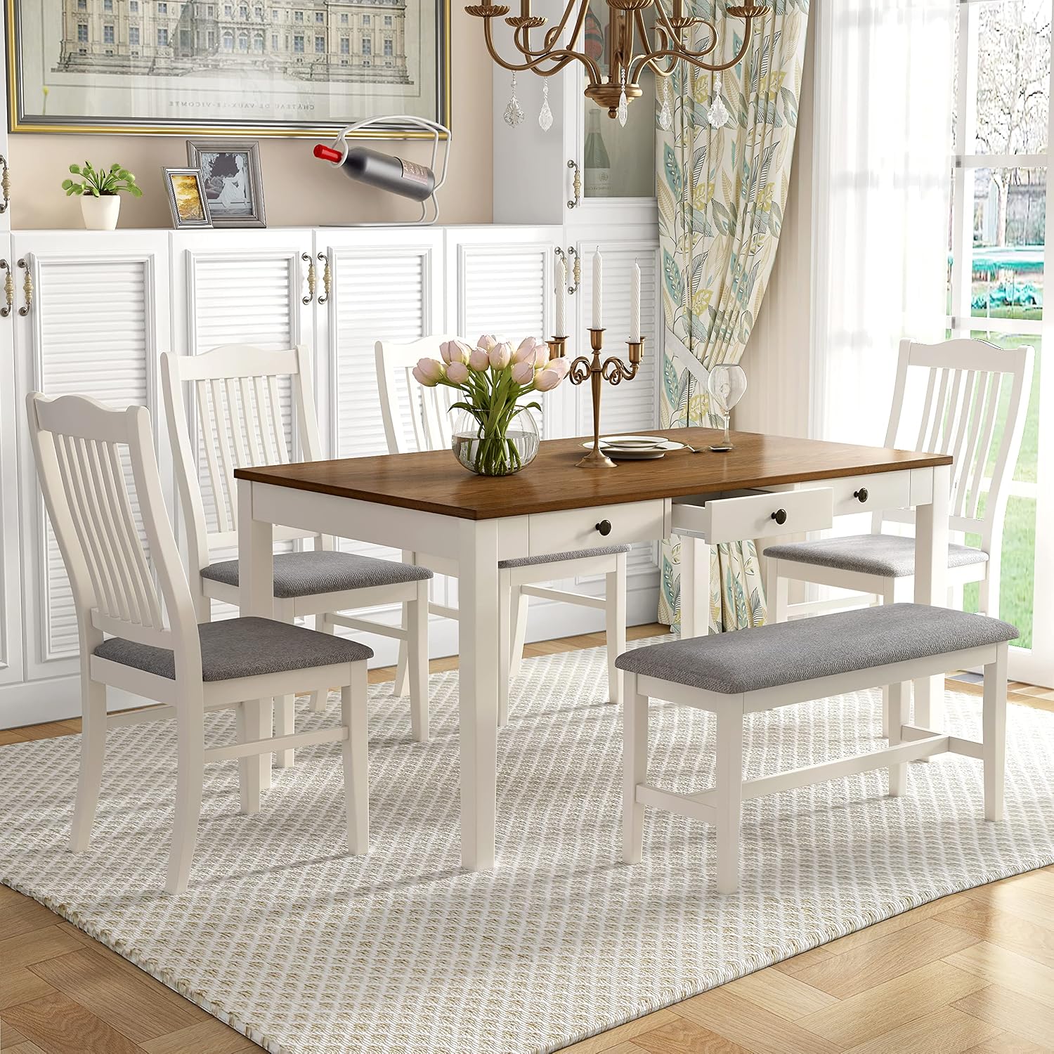 Compact 6-Piece Dining Table Set, Solid Wood Kitchen Dining Room Table Set with 4 Padded Ergonomic Chairs & Bench, 60'' Rectangular Table with Storage Drawer, Space-Saving Design (Grey-P)