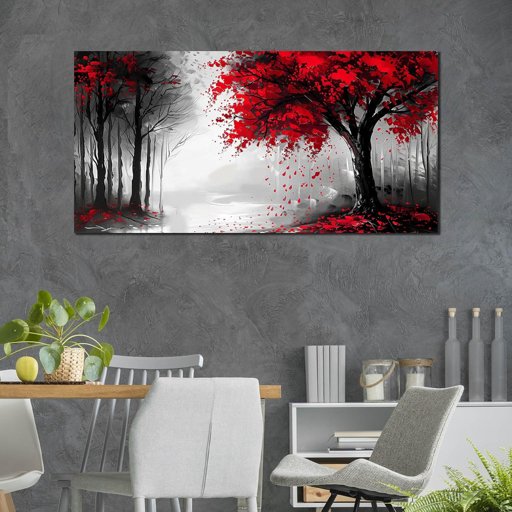 Large Canvas Wall Art for Living Room Black White and Red Forest Print Pictures Painting Framed Wall Decor for Bedroom Modern Home Plant Scenery Wall Decorations Artwork Size 30x60 Ready to Hang